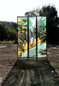 vitrail contemporain paravent paysage jardin oiseau nature vegetal creation jura bourgogne franche comte atelier 630