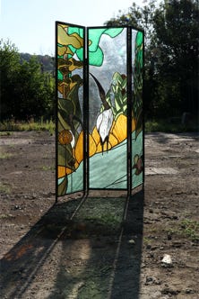vitrail contemporain paravent paysage jardin oiseau nature vegetal creation jura bourgogne franche comte atelier 630